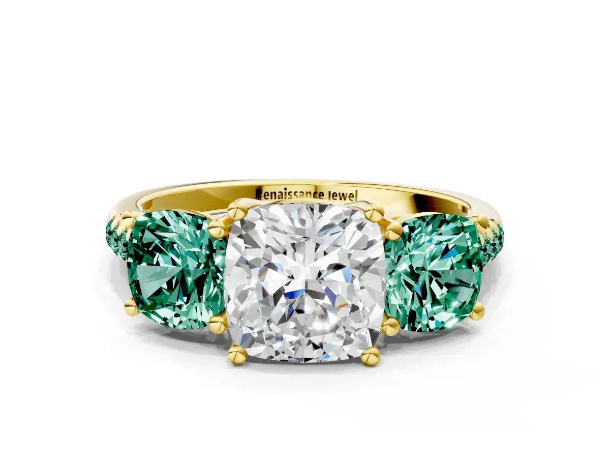 Three-Stone Cushion Cut Diamond Ring with Round Green Sapphire Pavé Band and Prong Setting Yellow gold