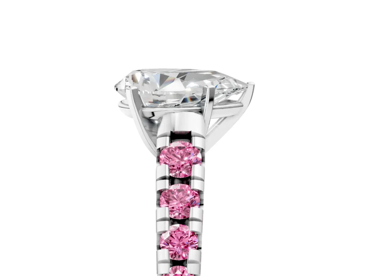 Pear Cut Diamond Cathedral Solitaire Ring with Round Pink Sapphire Pavé Band Platinum