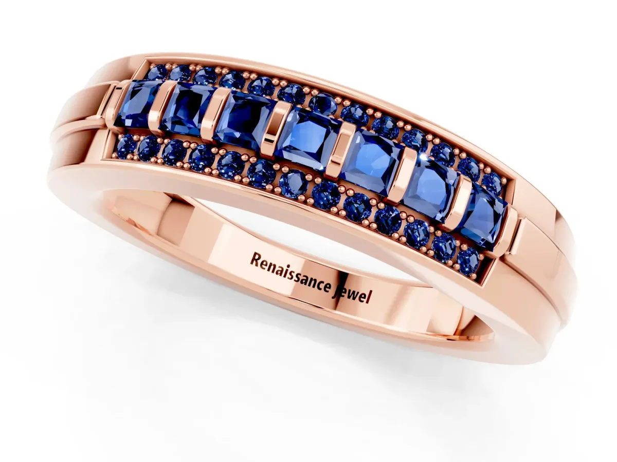 Bar-Set Princess Cut Blue Sapphire Pavé Band Rose gold