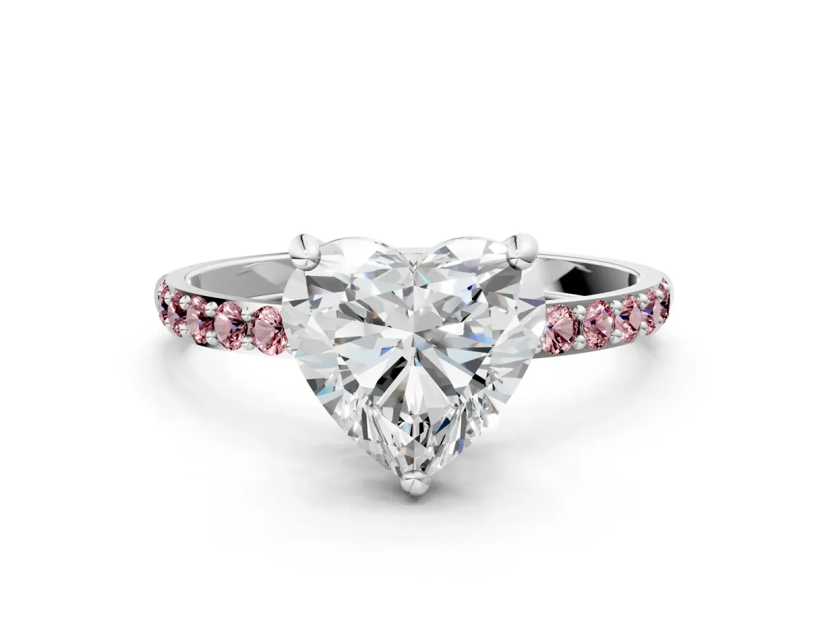 Heart Cut Diamond Solitaire Ring with Round Morganite Pavé Band and Prong Setting Platinum