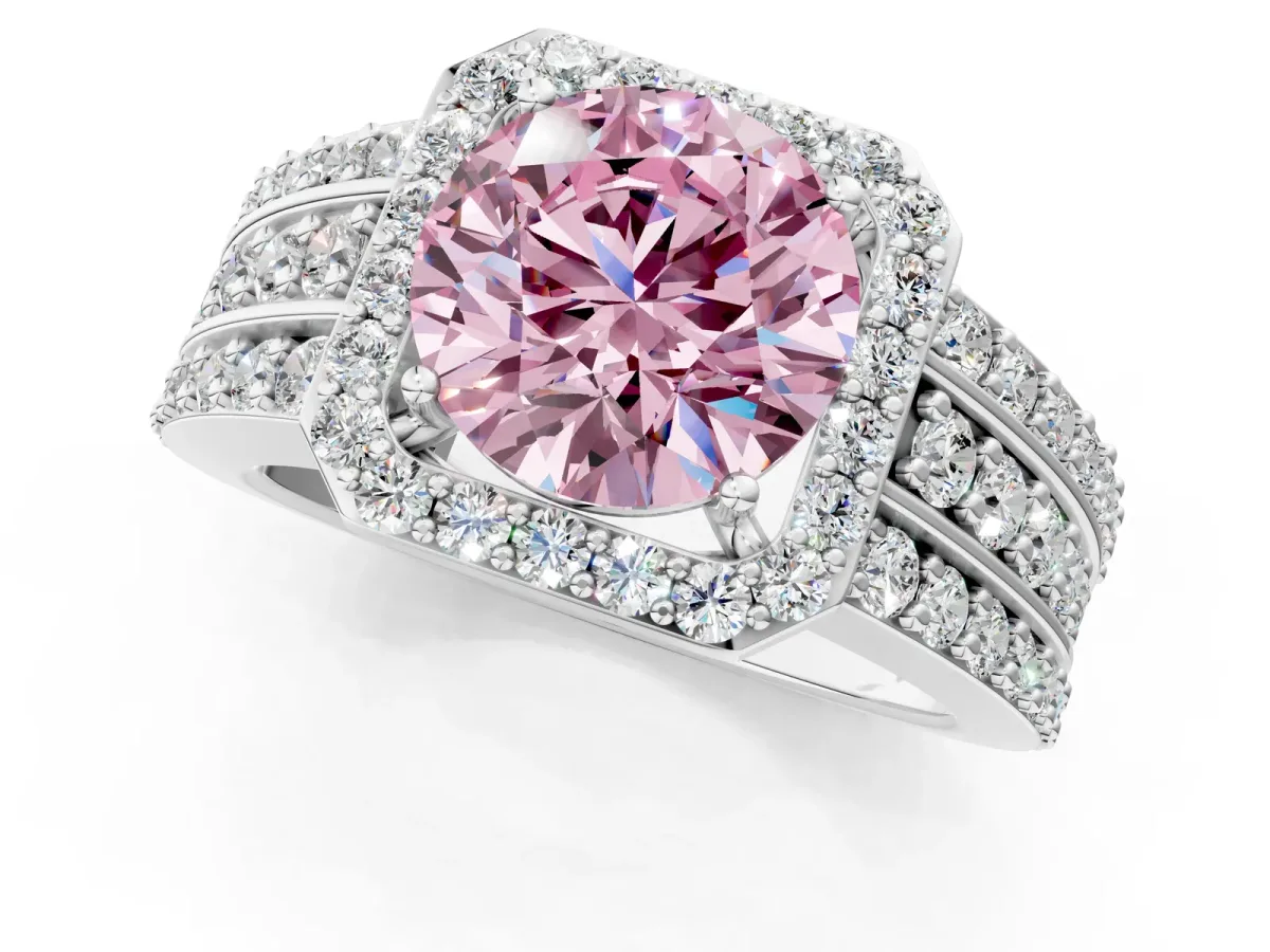 Fancy Pink Round Cut Halo Diamond Ring with Round Split Shank and Prong Setting White gold