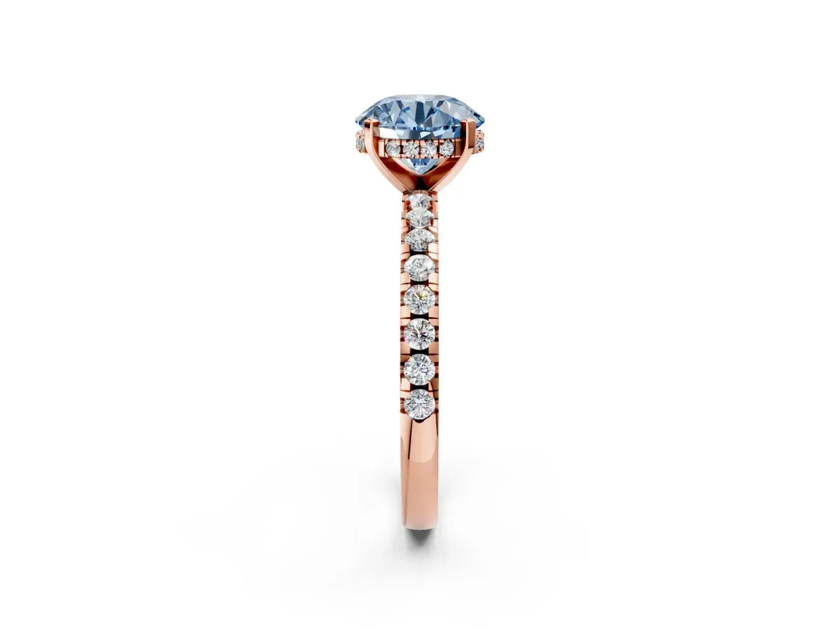 Fancy Blue Round Cut Diamond Solitaire Ring with Round Pavé Band and Four-Prong Setting Rose gold