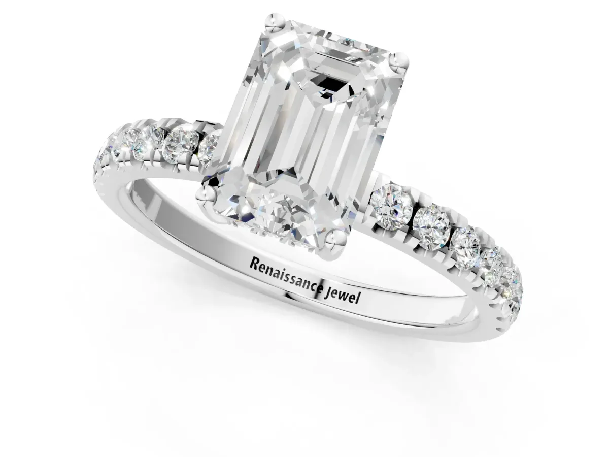 Emerald Cut Diamond Pave Band Solitaire Ring with Round Moissanite and Prong Setting White gold