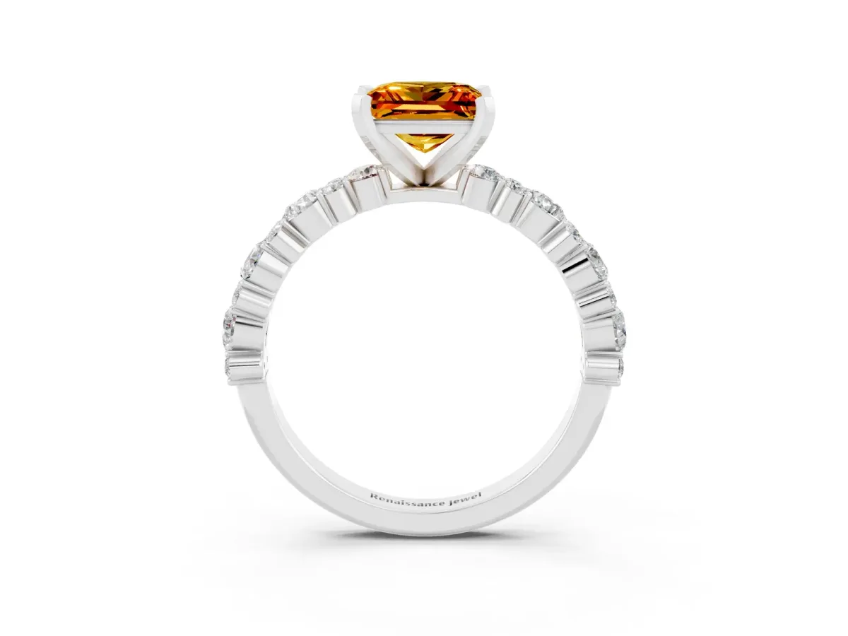 Princess Cut Citrine Side Stone Solitaire Ring with Round and Four-Prong Setting Platinum