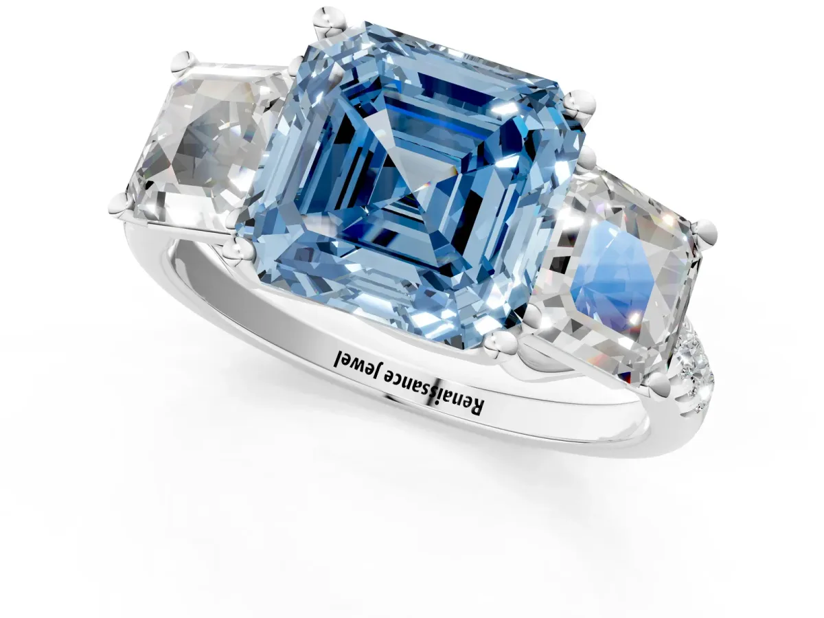 Fancy Blue Three-Stone Asscher Cut Diamond Ring with Round Pavé Band and Prong Setting White gold