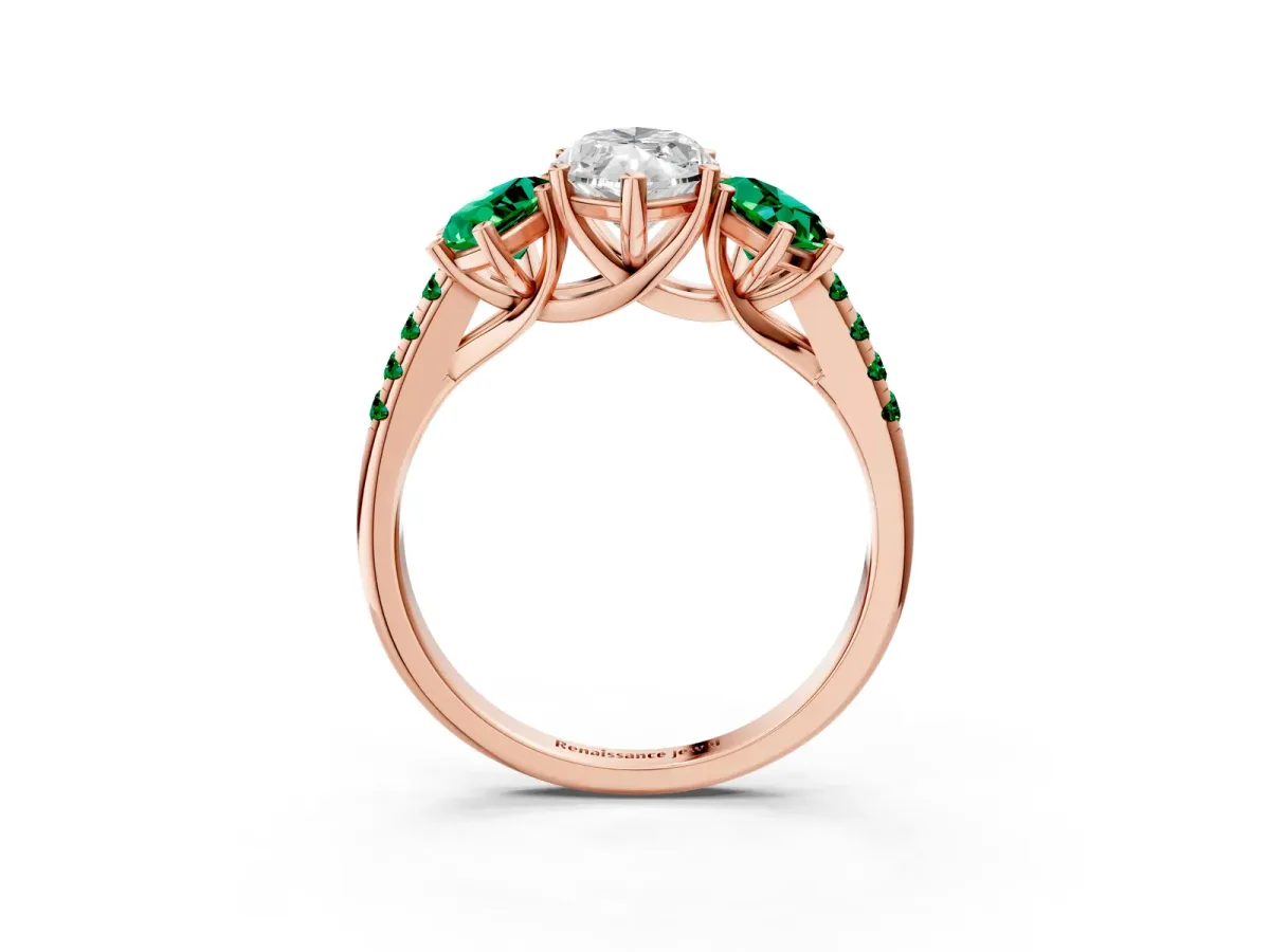 Three-Stone Marquise Cut Diamond Ring with Round Emerald Pavé Band and Prong Setting Rose gold