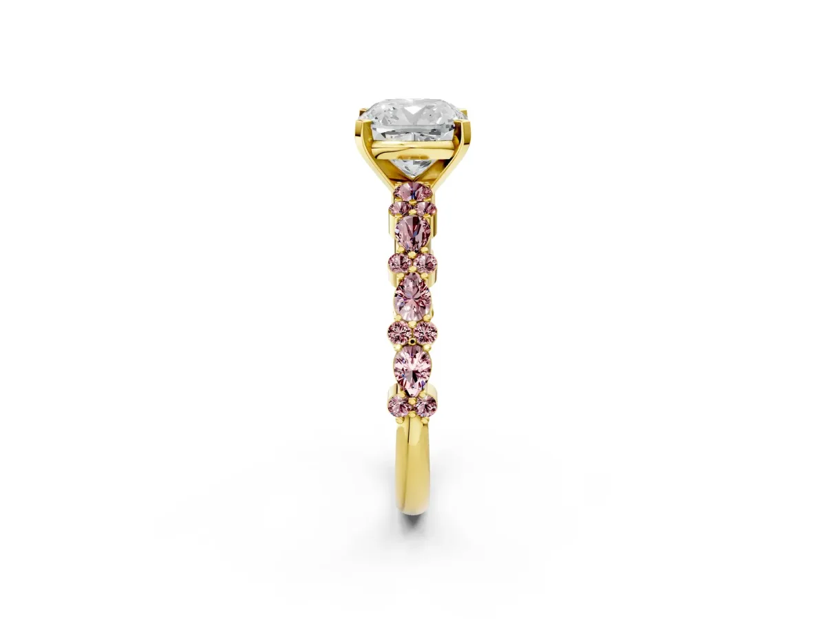 Cushion Cut Diamond Side Stone Solitaire Ring with Round Morganite and Four-Prong Setting Yellow gold