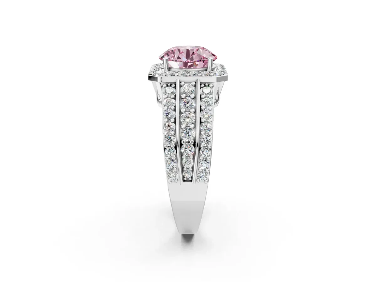 Fancy Pink Round Cut Halo Diamond Ring with Round Split Shank and Prong Setting White gold