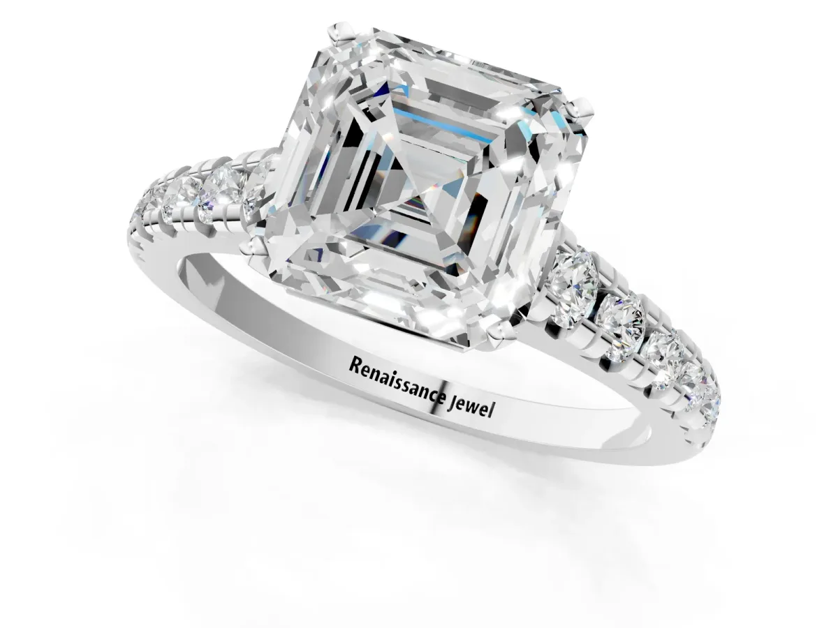 Asscher Cut Diamond Cathedral Solitaire Ring with Round Moissanite Pavé Band Platinum