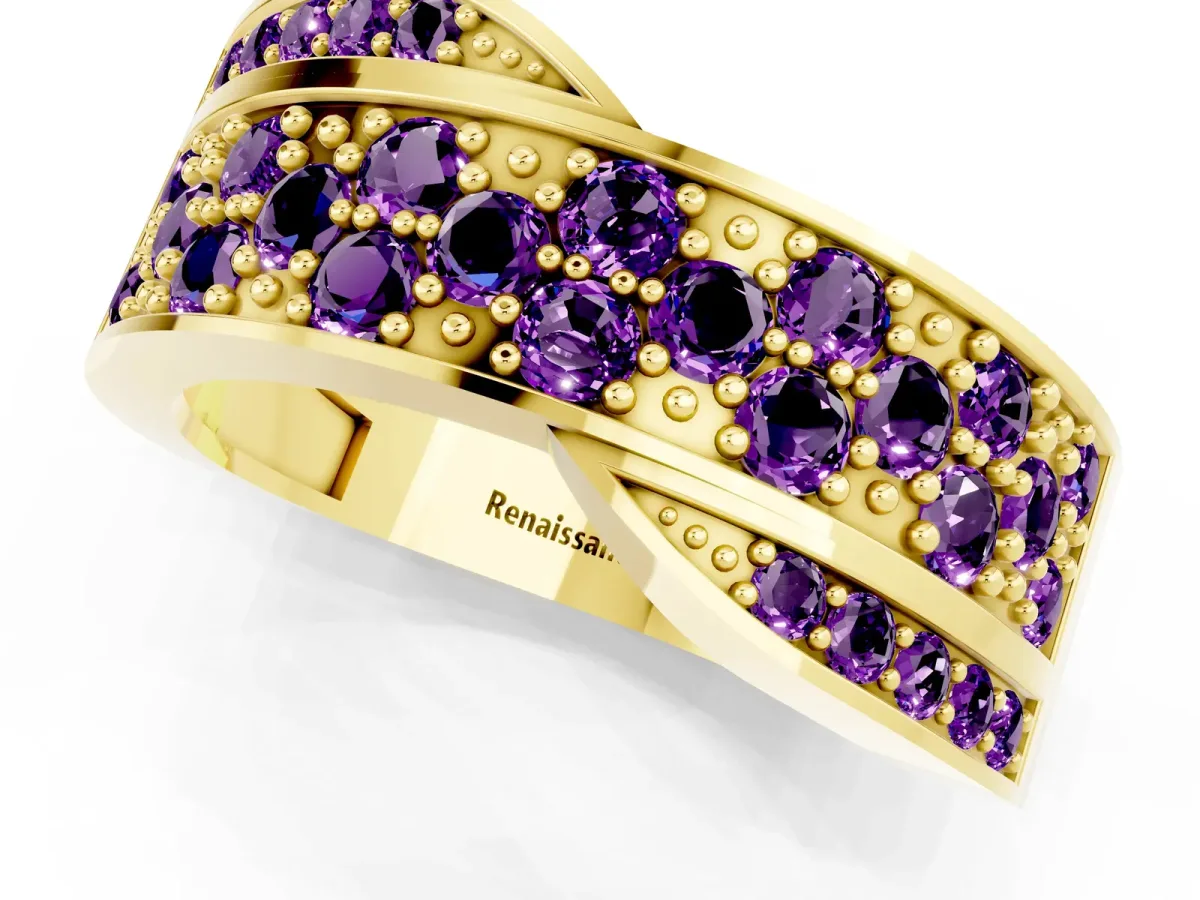 Pavé Round Amethyst Crossover Band with Bead Prong Setting Yellow gold