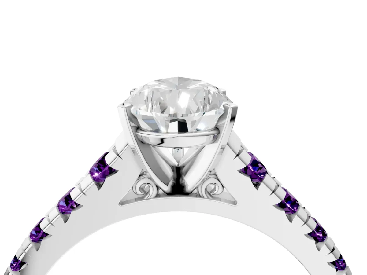 Pear Cut Diamond Cathedral Solitaire Ring with Round Amethyst Pavé Band Silver