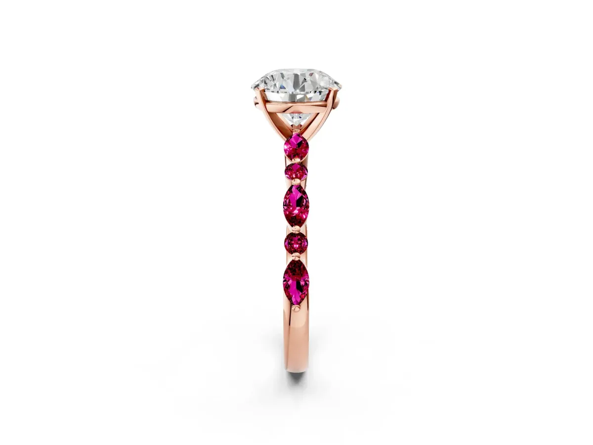 Round Cut Diamond Ring with Marquise and Round Garnet Side Stones and Four-Prong Setting Rose gold