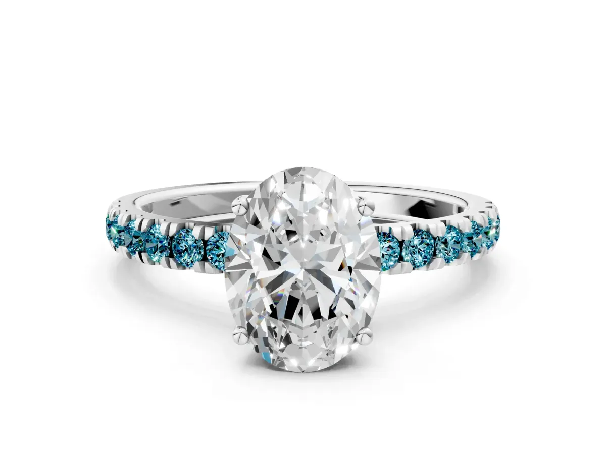 Oval Cut Diamond Pave Band Solitaire Ring with Round Blue Topaz and Prong Setting Platinum