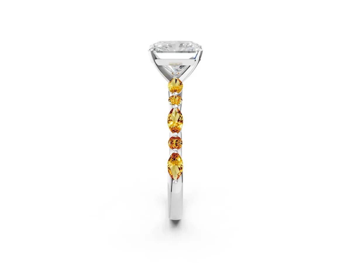 Radiant Cut Diamond Ring with Marquise and Round Citrine Side Stones and Four-Prong Setting Silver