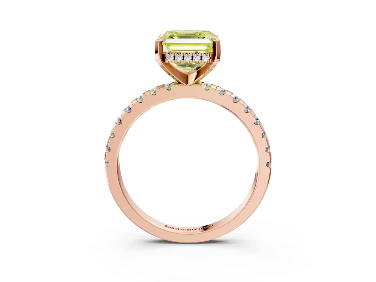 Fancy Yellow Asscher Cut Diamond Solitaire Ring with Round Pavé Band and Four-Prong Setting Rose gold
