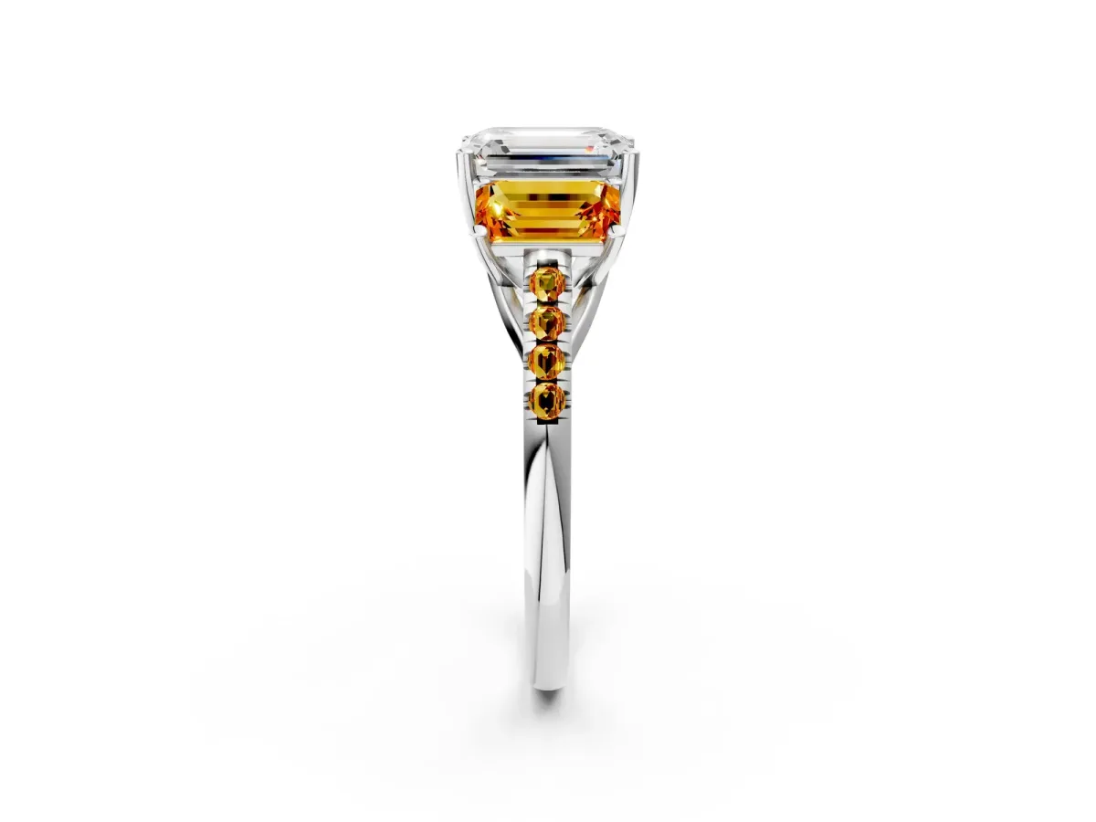 Three-Stone Emerald Cut Diamond Ring with Round Citrine Pavé Band and Prong Setting Silver