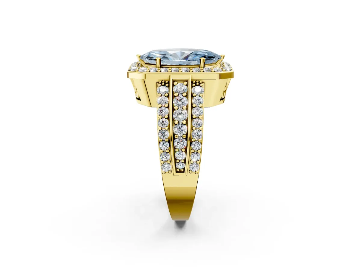 Fancy Blue Marquise Cut Halo Diamond Ring with Round Split Shank and Prong Setting Yellow gold