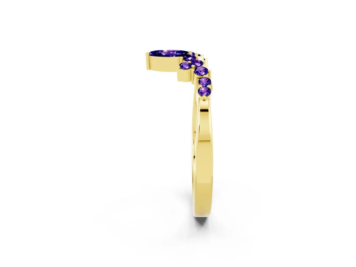 Marquise and Round Tanzanite Chevron Band with Prong Setting Yellow gold