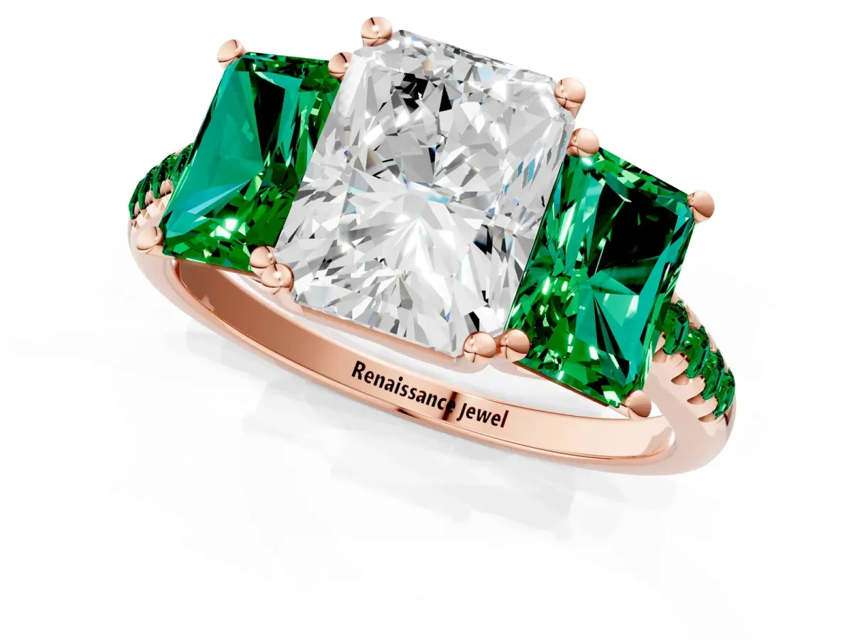 Three-Stone Radiant Cut Diamond Ring with Round Emerald Pavé Band and Prong Setting Rose gold