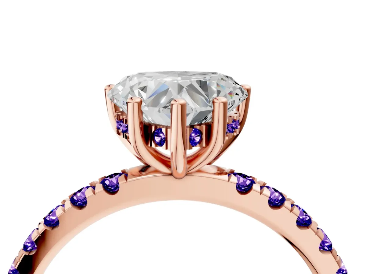 Heart Cut Diamond Pave Band Solitaire Ring with Round Tanzanite and Prong Setting Rose gold