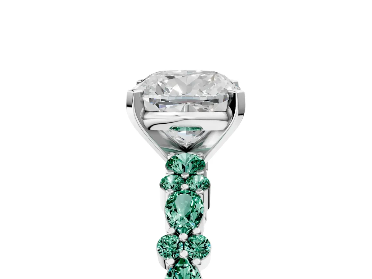 Cushion Cut Diamond Side Stone Solitaire Ring with Round Green Sapphire and Four-Prong Setting Platinum