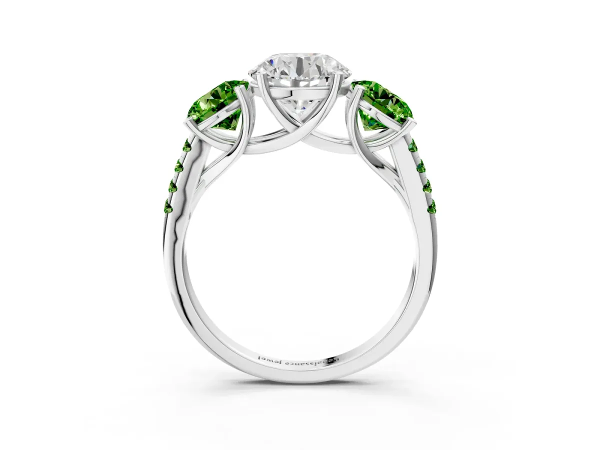Three-Stone Round Cut Diamond Ring with Round Peridot Pavé Band and Prong Setting White gold