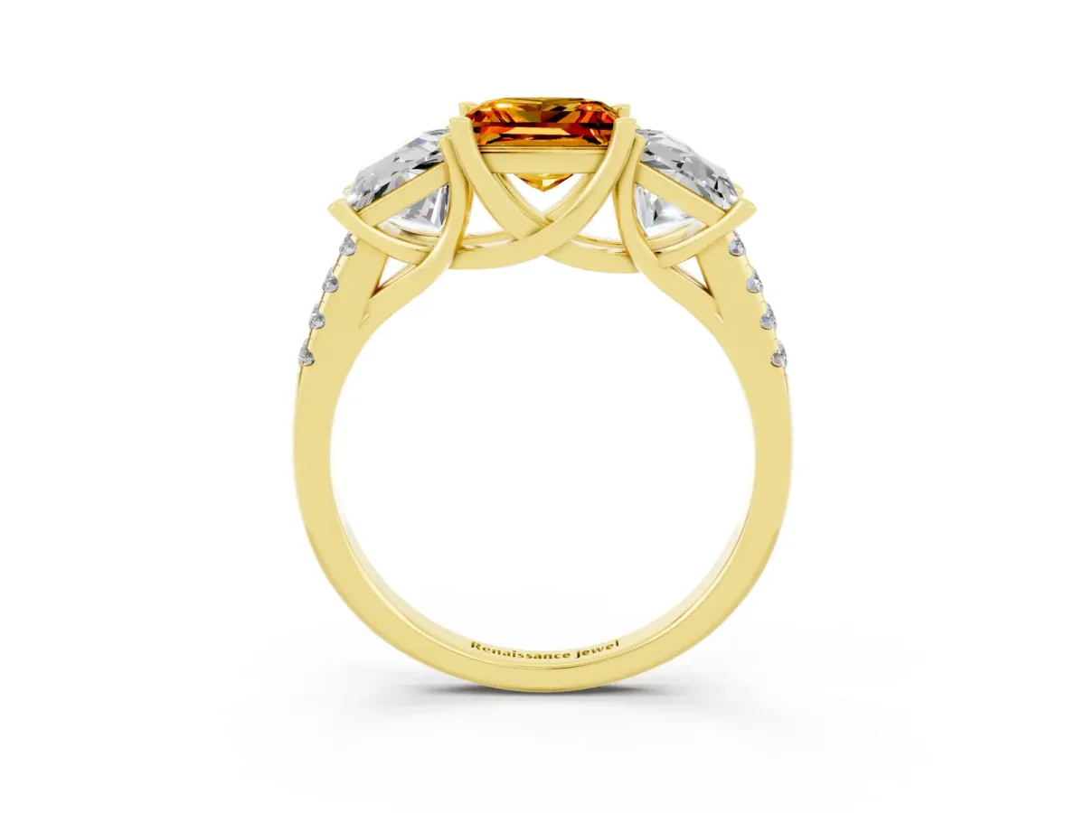 Three-Stone Princess Cut Citrine Ring with Round Pavé Band and Prong Setting Yellow gold