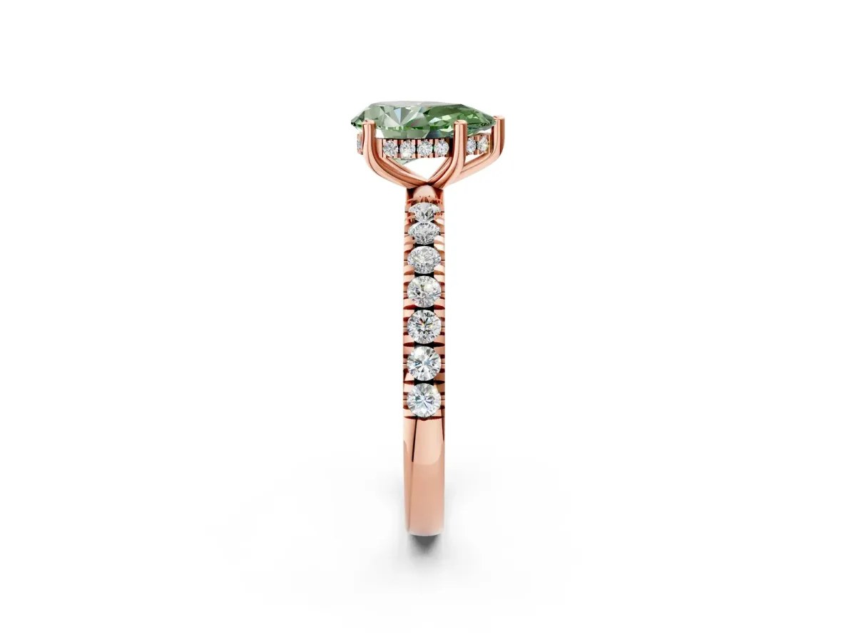 Fancy Green Pear Cut Diamond Pave Band Solitaire Ring with Round and Prong Setting Rose gold