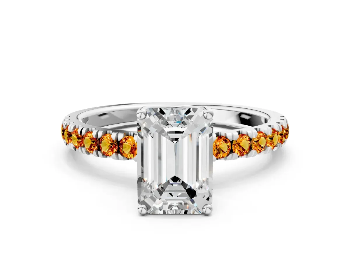 Emerald Cut Diamond Pave Band Solitaire Ring with Round Citrine and Prong Setting Platinum