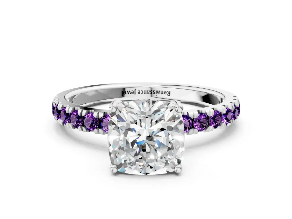 Cushion Cut Diamond Pave Band Solitaire Ring with Round Amethyst and Prong Setting Silver