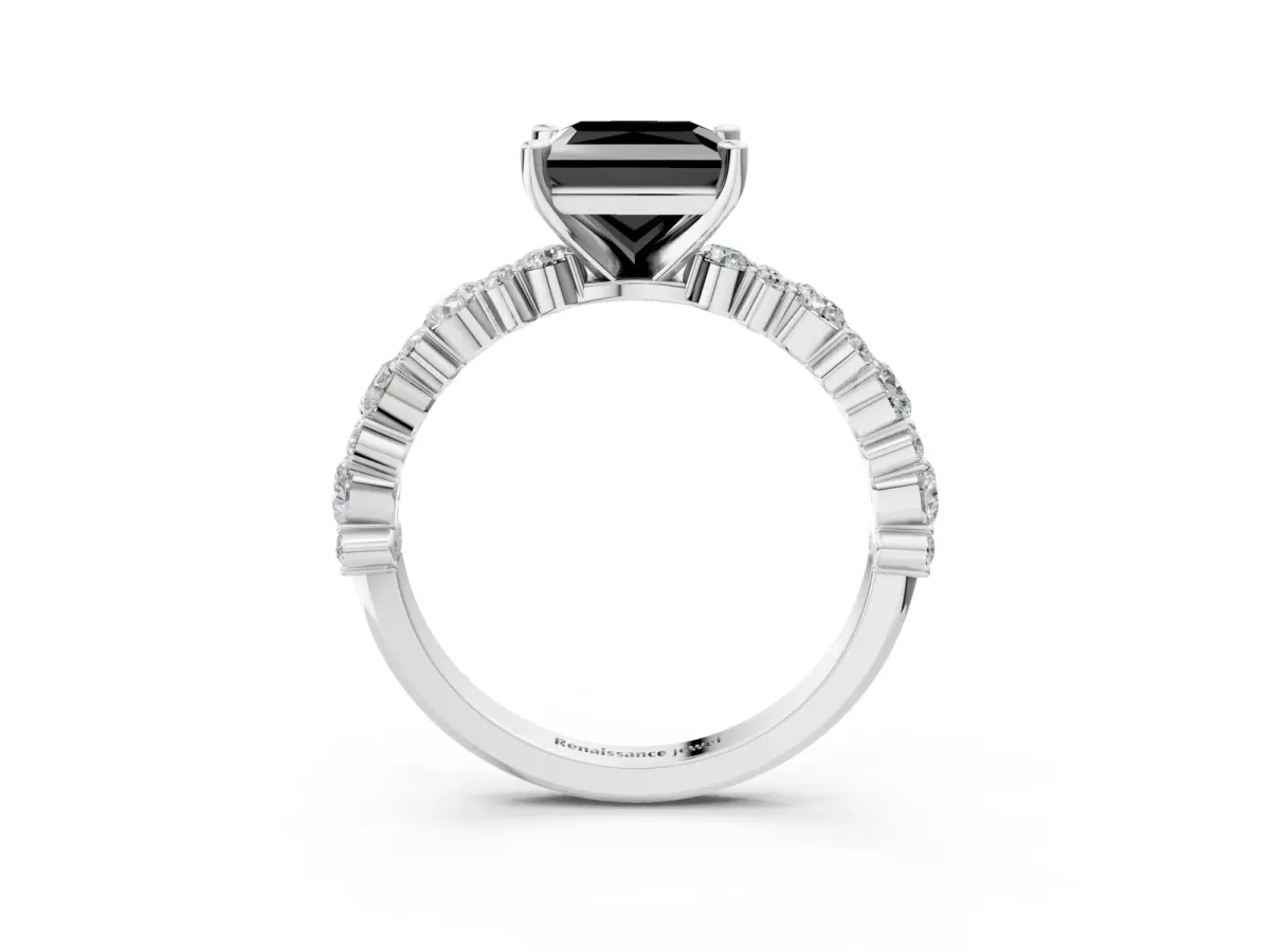 Fancy Black Princess Cut Diamond Side Stone Solitaire Ring with Round and Four-Prong Setting Platinum