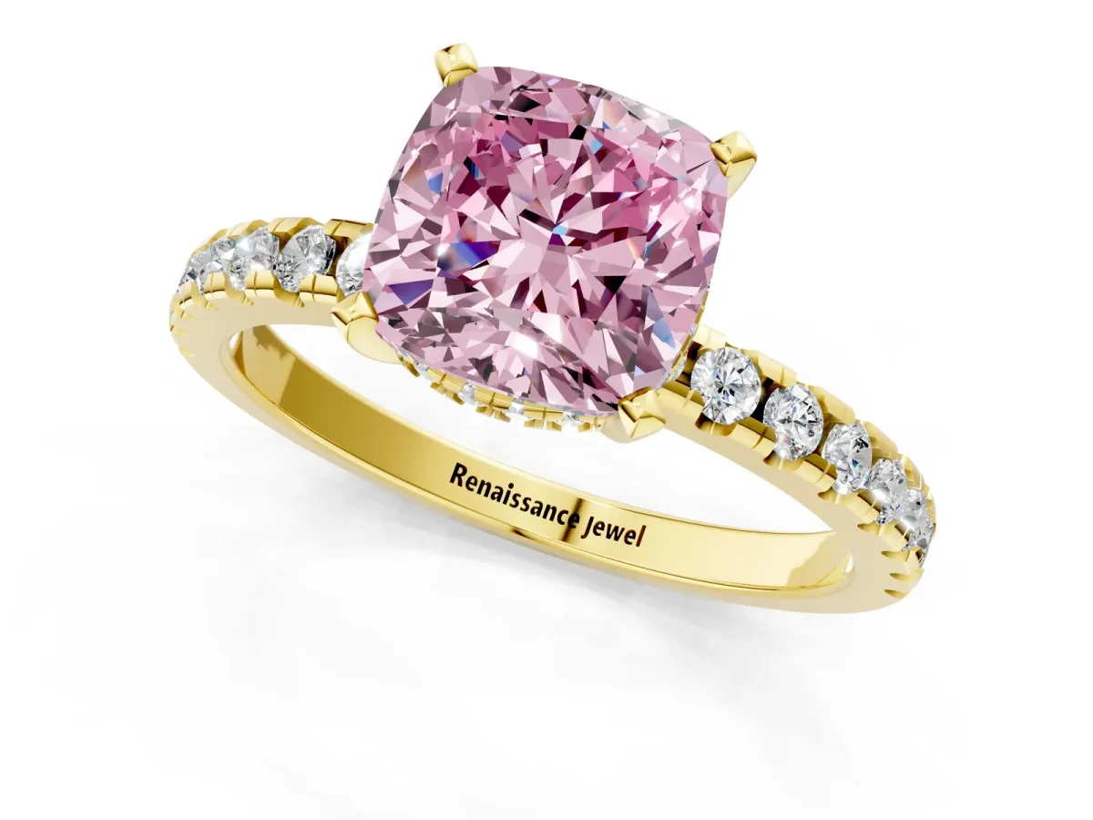 Fancy Pink Cushion Cut Diamond Solitaire Ring with Round Pavé Band and Four-Prong Setting Yellow gold
