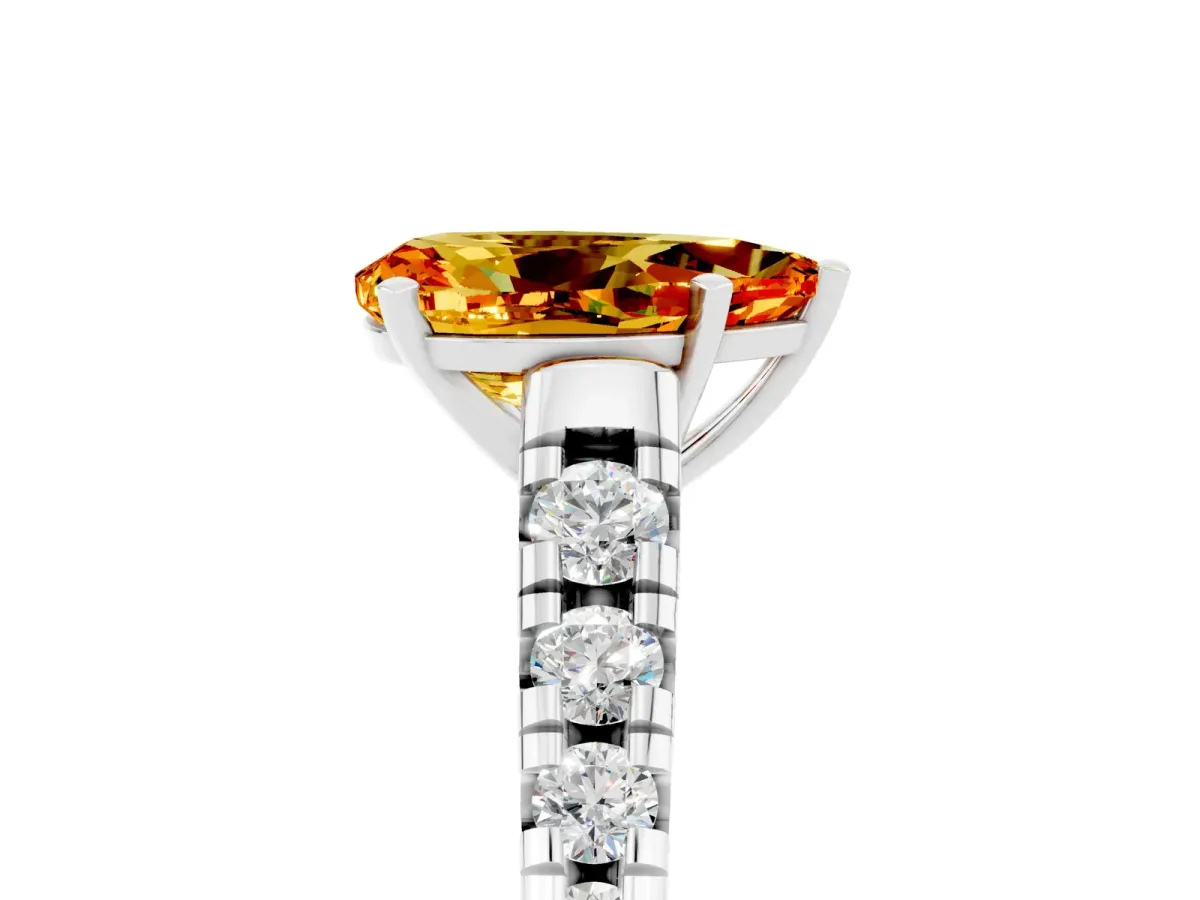 Pear Cut Citrine Cathedral Solitaire Ring with Round Pavé Band Platinum