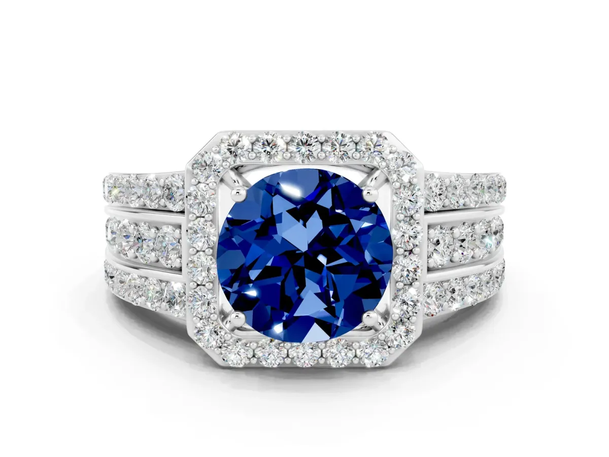 Round Cut Halo Blue Sapphire Ring with Round Split Shank and Prong Setting Silver