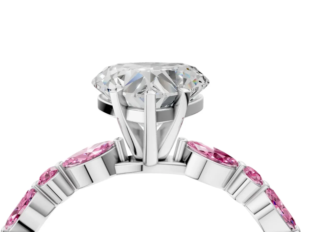 Heart Cut Diamond Ring with Marquise and Round Pink Sapphire Side Stones and Four-Prong Setting Silver