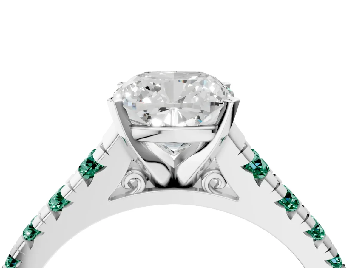 Cushion Cut Diamond Cathedral Solitaire Ring with Round Green Sapphire Pavé Band Silver