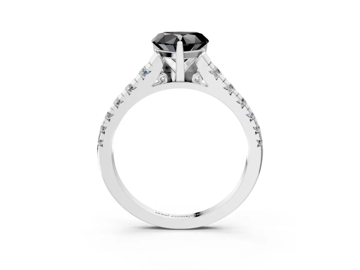 Fancy Black Heart Cut Diamond Cathedral Solitaire Ring with Round Pavé Band Silver