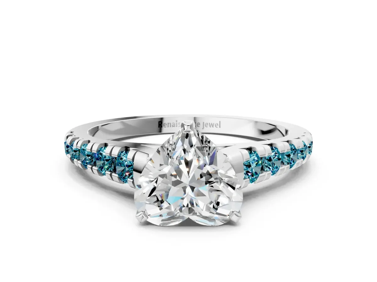 Heart Cut Diamond Cathedral Solitaire Ring with Round Blue Topaz Pavé Band Silver