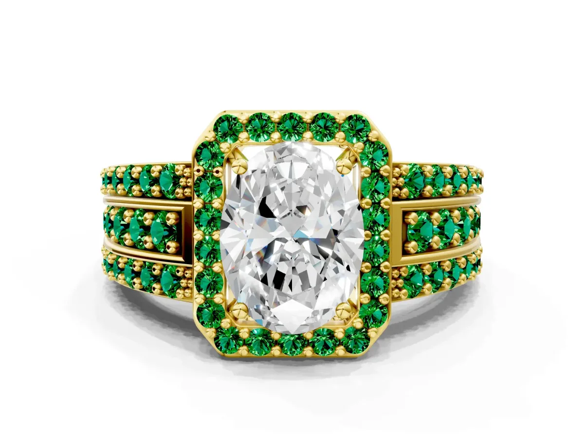 Oval Cut Halo Diamond Ring with Round Emerald Split Shank and Prong Setting Yellow gold