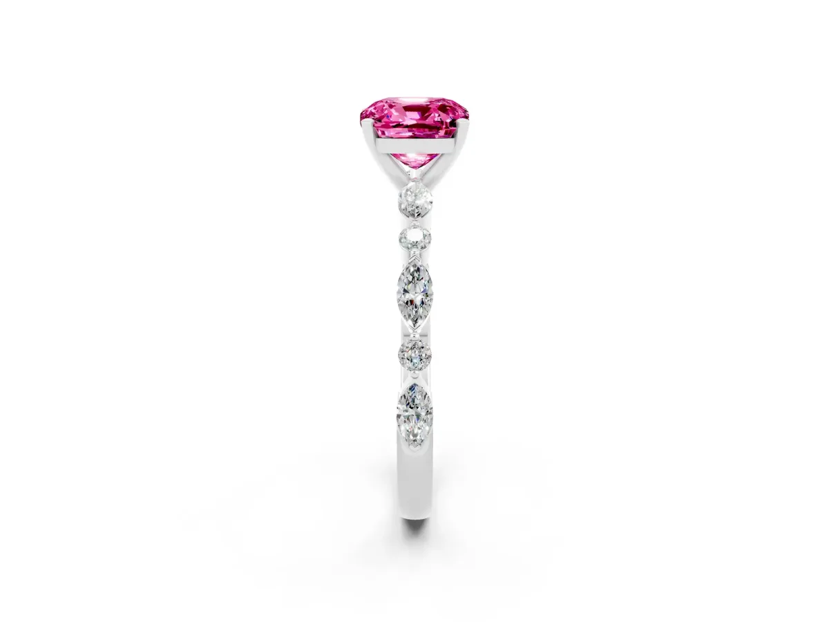 Cushion Cut Pink Sapphire Ring with Marquise and Round Side Stones and Four-Prong Setting Silver