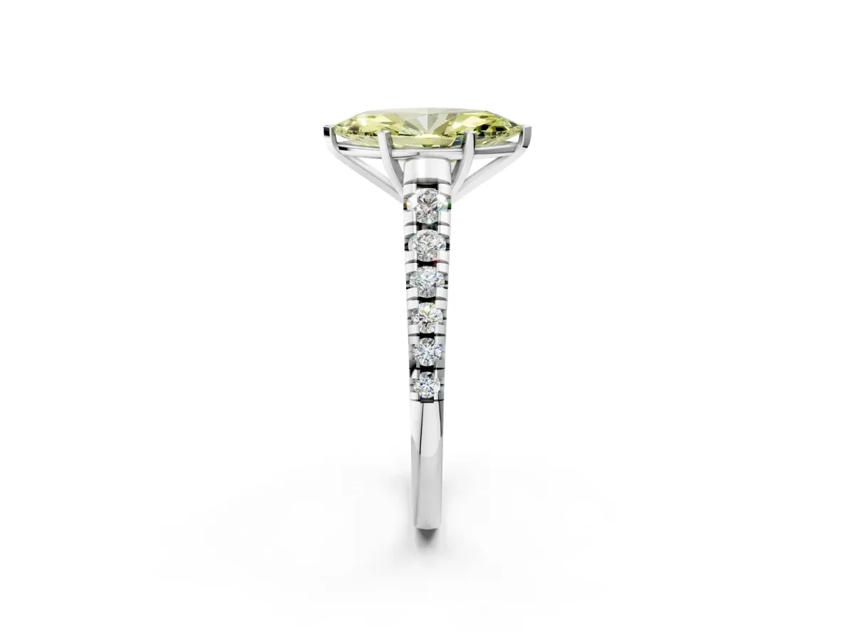 Fancy Yellow Marquise Cut Diamond Cathedral Solitaire Ring with Round Pavé Band Platinum