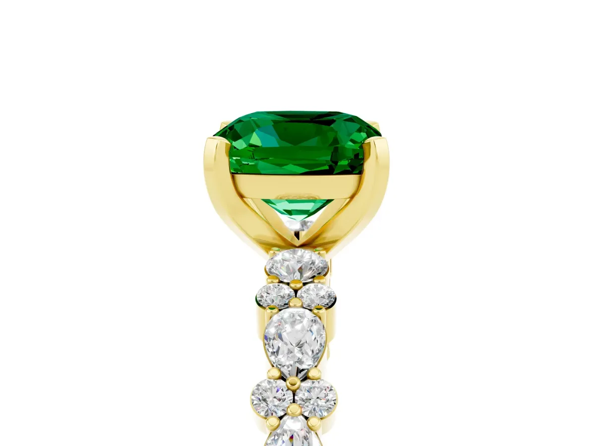 Cushion Cut Emerald Side Stone Solitaire Ring with Round and Four-Prong Setting Yellow gold