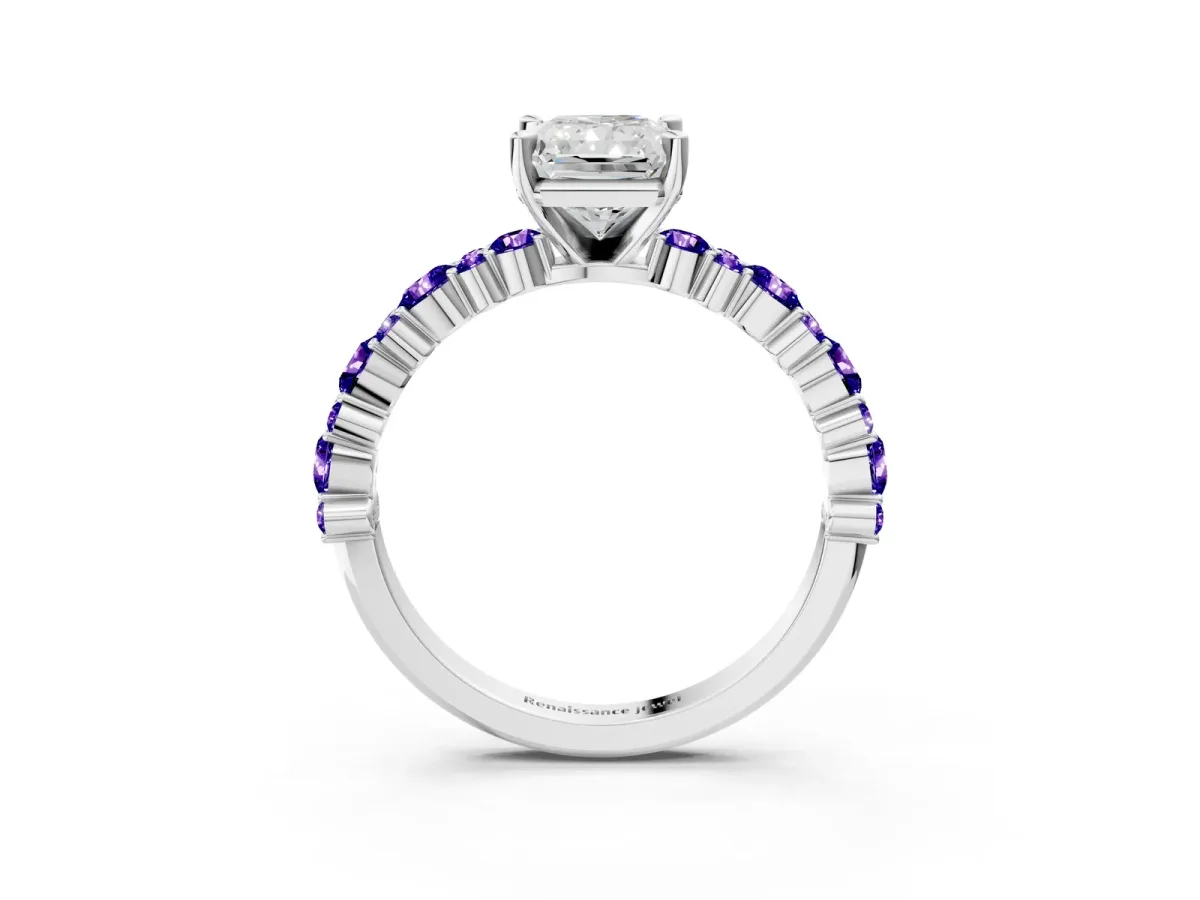 Radiant Cut Diamond Side Stone Solitaire Ring with Round Tanzanite and Four-Prong Setting Platinum