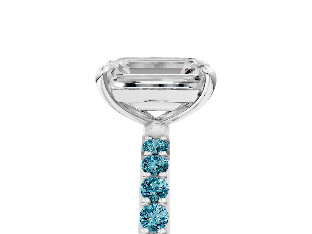Emerald Cut Diamond Solitaire Ring with Round Blue Topaz Pavé Band and Prong Setting Silver