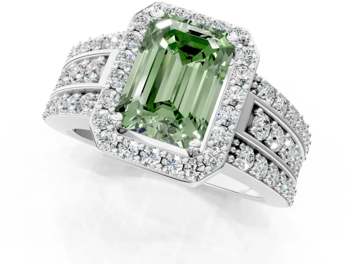 Fancy Green Emerald Cut Halo Diamond Ring with Round Split Shank and Prong Setting White gold