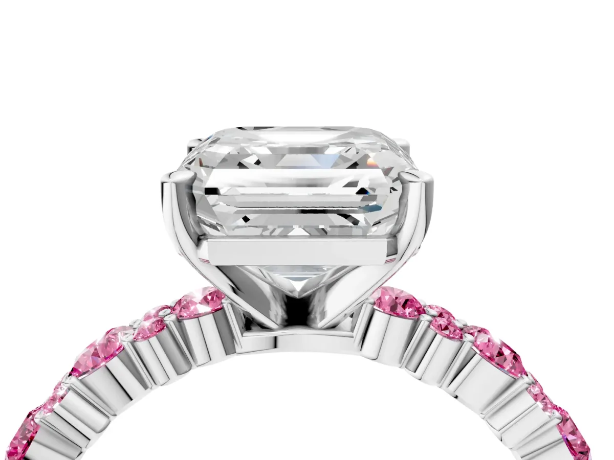 Asscher Cut Diamond Side Stone Solitaire Ring with Round Pink Sapphire and Four-Prong Setting Silver