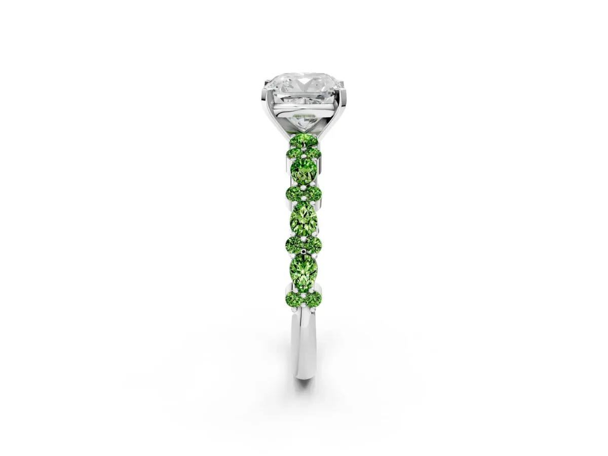 Cushion Cut Diamond Side Stone Solitaire Ring with Round Peridot and Four-Prong Setting Platinum