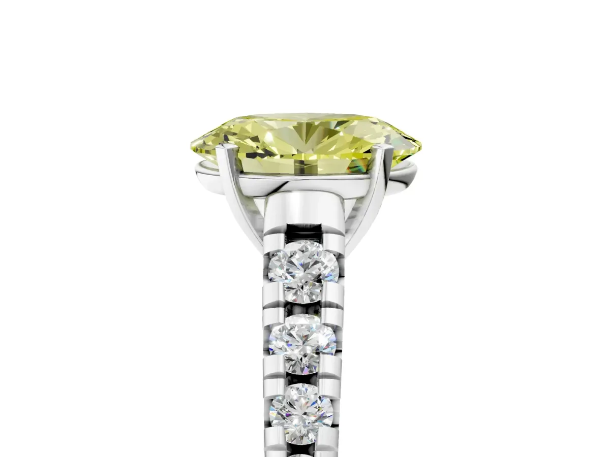 Fancy Yellow Oval Cut Diamond Cathedral Solitaire Ring with Round Pavé Band Silver