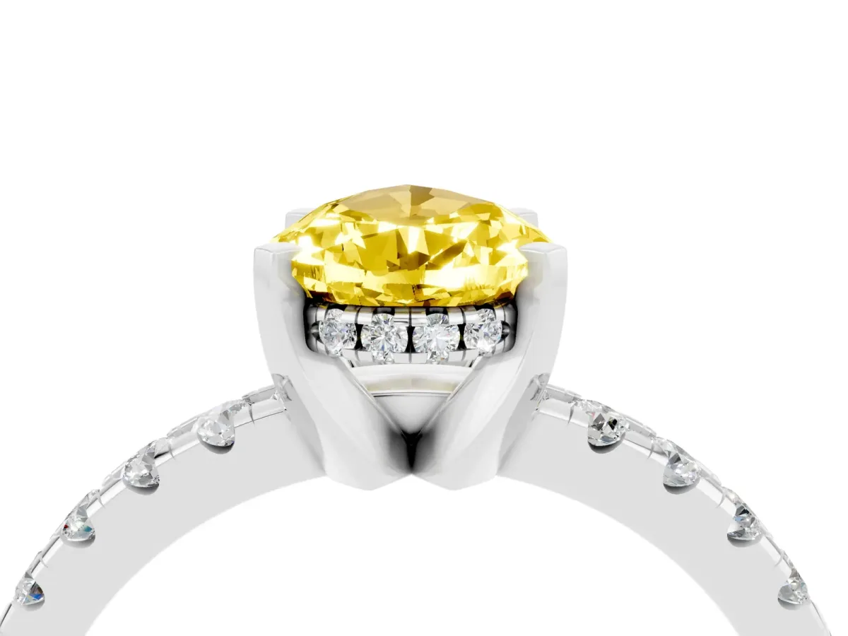 Pear Cut Yellow Sapphire Solitaire Ring with Round Pavé Band and Four-Prong Setting Platinum