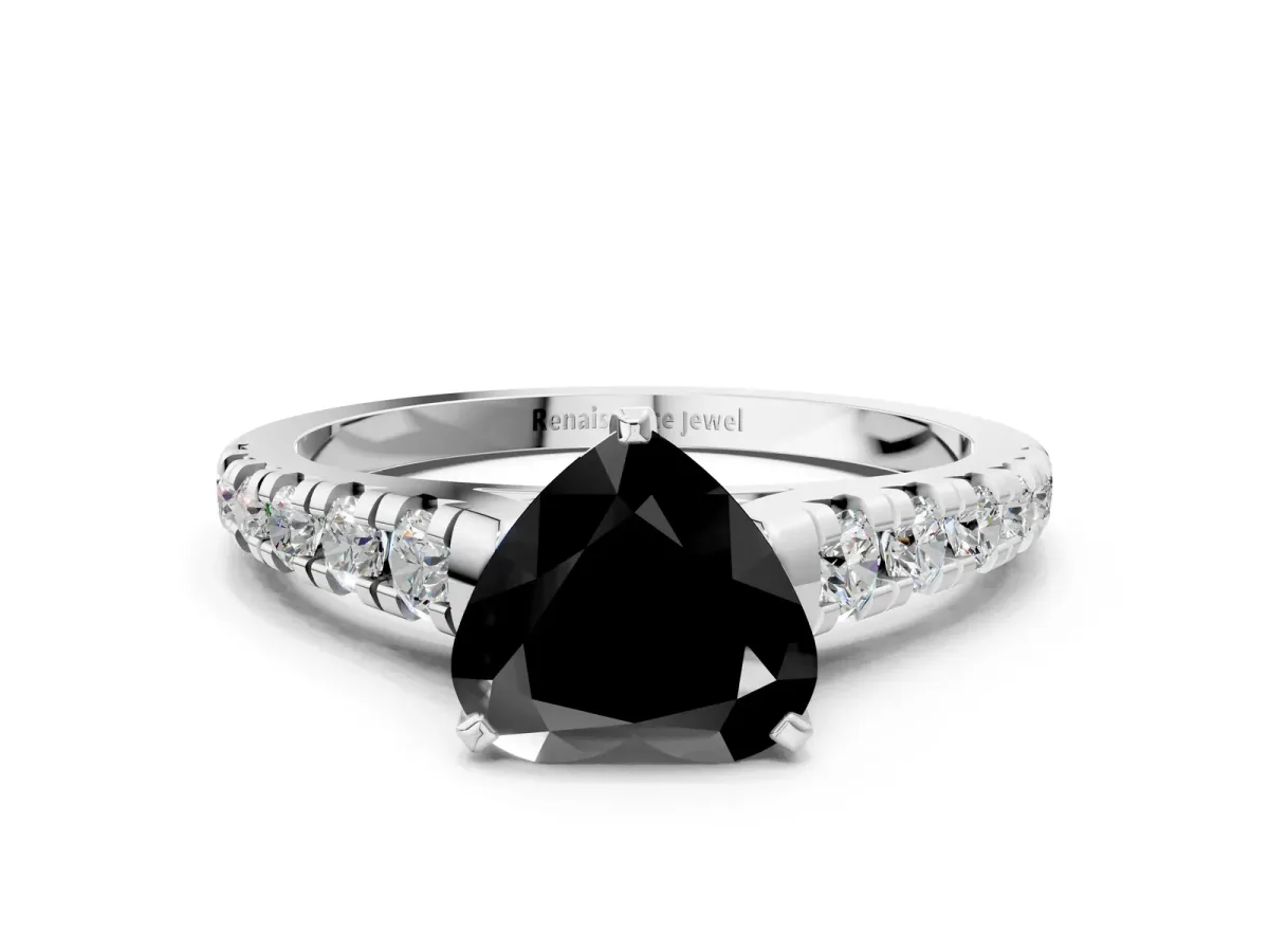 Fancy Black Heart Cut Diamond Cathedral Solitaire Ring with Round Pavé Band Silver